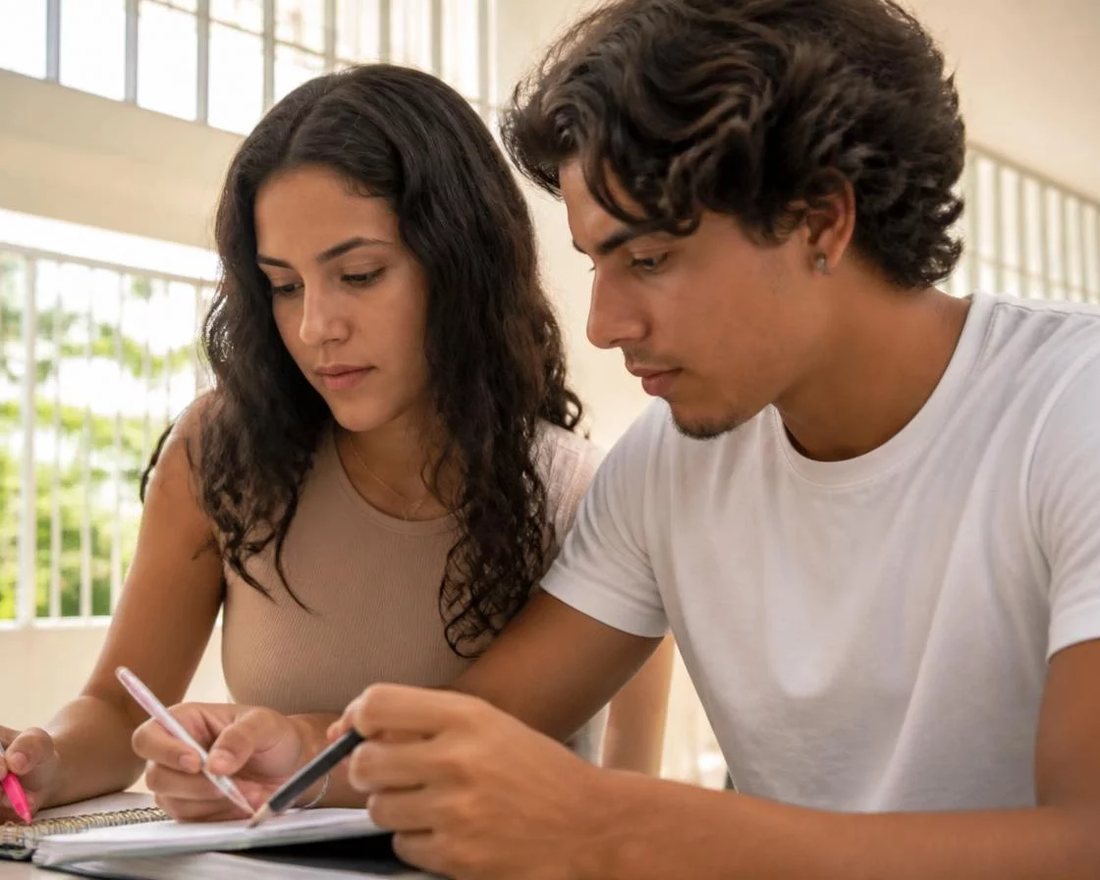 Reunião de trabalho em volta de uma mesa com laptop, papéis e xícaras, alguém defendendo uma proposta