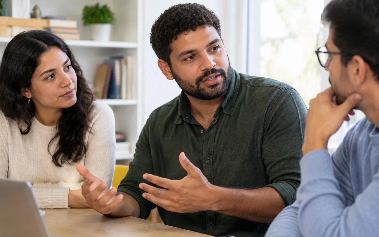 Roda de conversa numa sala clara, com uma pessoa expondo o ponto e duas escutando