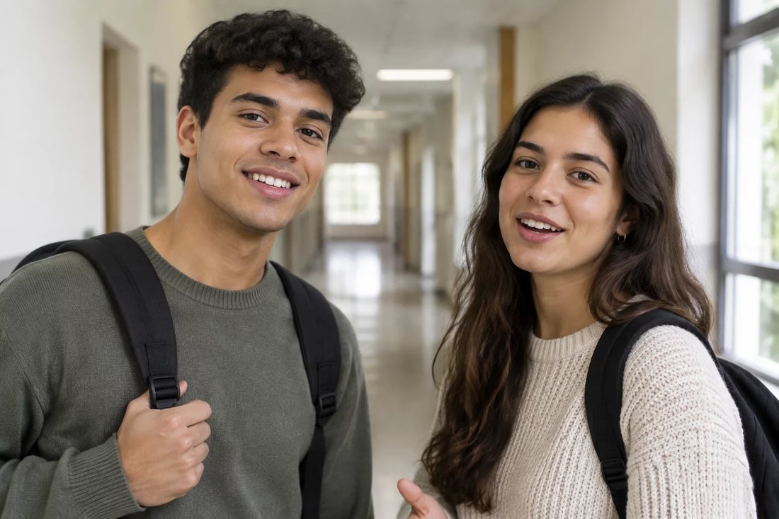 Dois estudantes de mochila continuam a discussão no corredor depois da sessão
