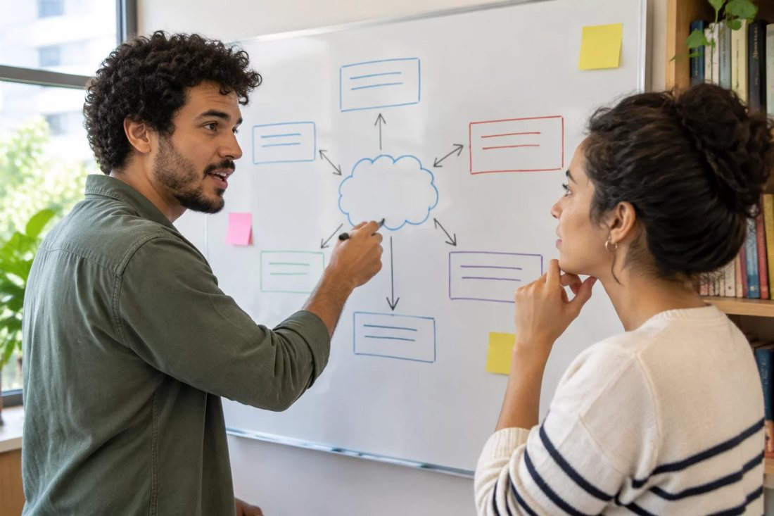 Facilitadora aponta para um mapa de argumento desenhado no quadro branco enquanto um participante acompanha